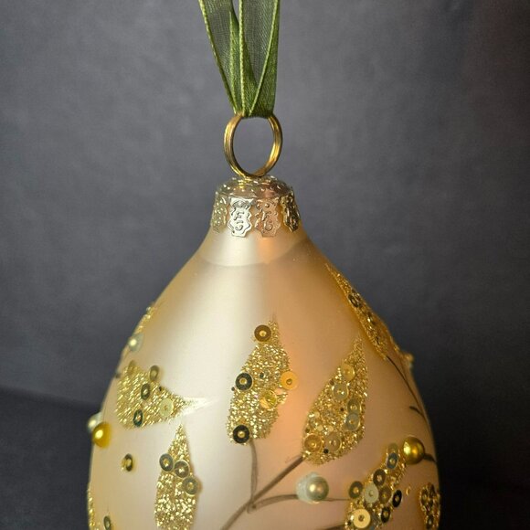 Frontgate Gold Teardrop Christmas Ornament With Pearl And Sequin Leaf Design 6" - Picture 6 of 9
